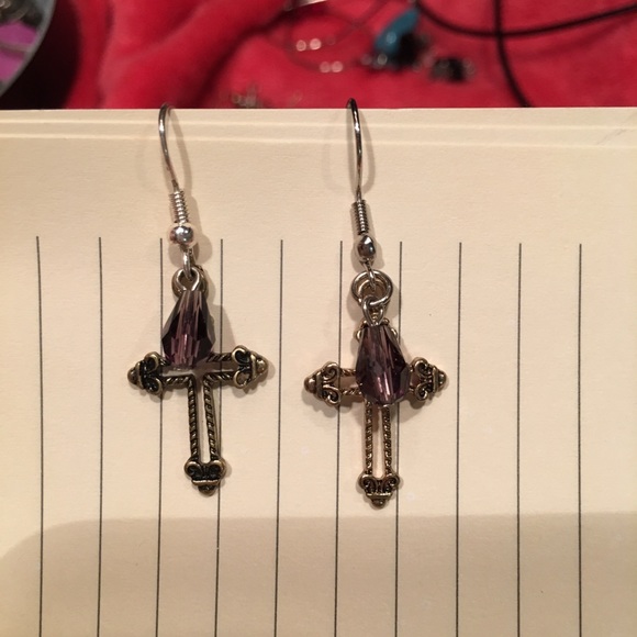 Cross w purple dangle crystal earrings NWT - Picture 5 of 8
